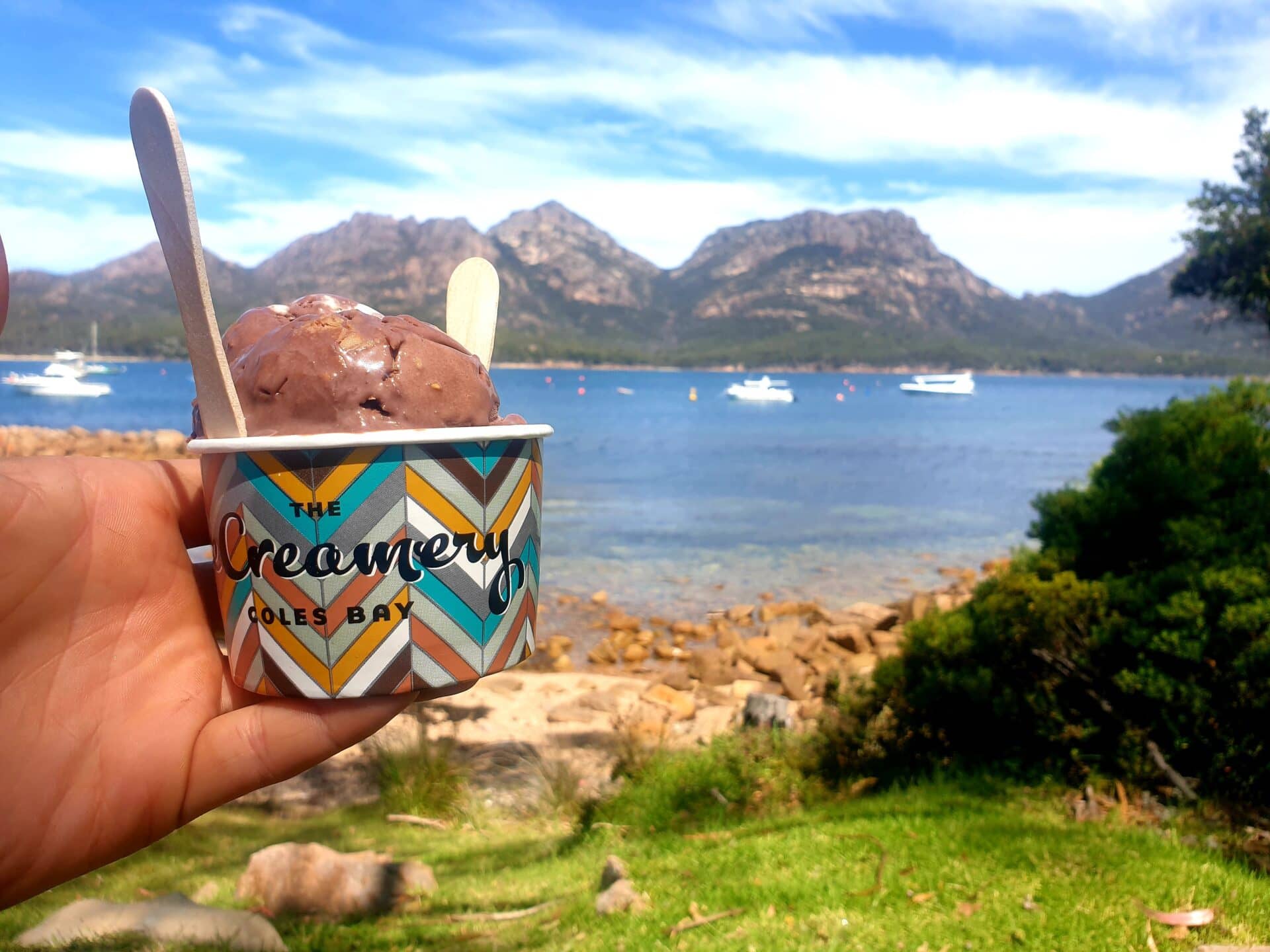 Mountain Hikes-ice cream in coles bay views of Mt amos